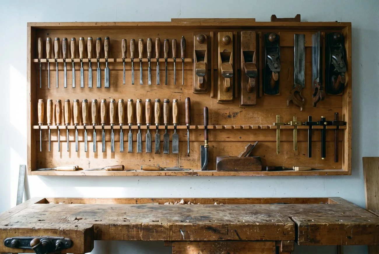 Mur d'outils de l'atelier : ciseaux à bois alignés, rabots et scies dans un rack en bois, au-dessus d'un établi ancien.
