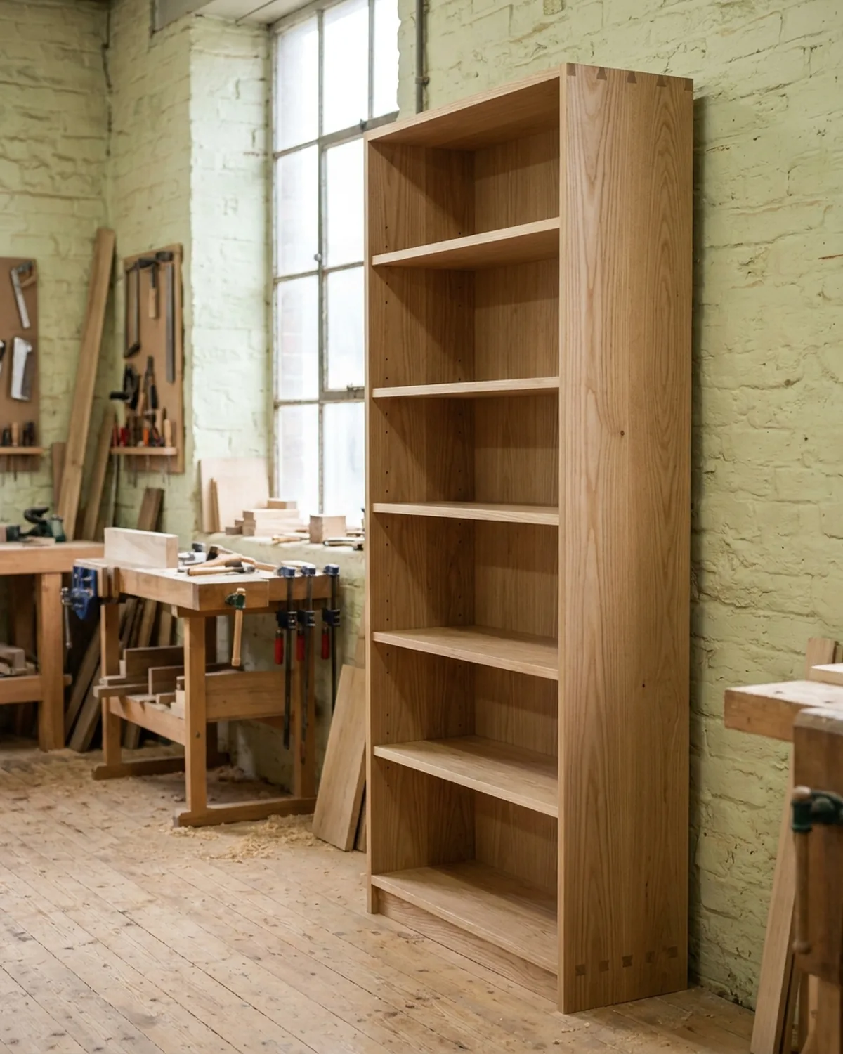 Bibliothèque en frêne : caisson à queues d'aronde apparentes aux angles, tablettes réglables sur taquets, dans l'atelier.