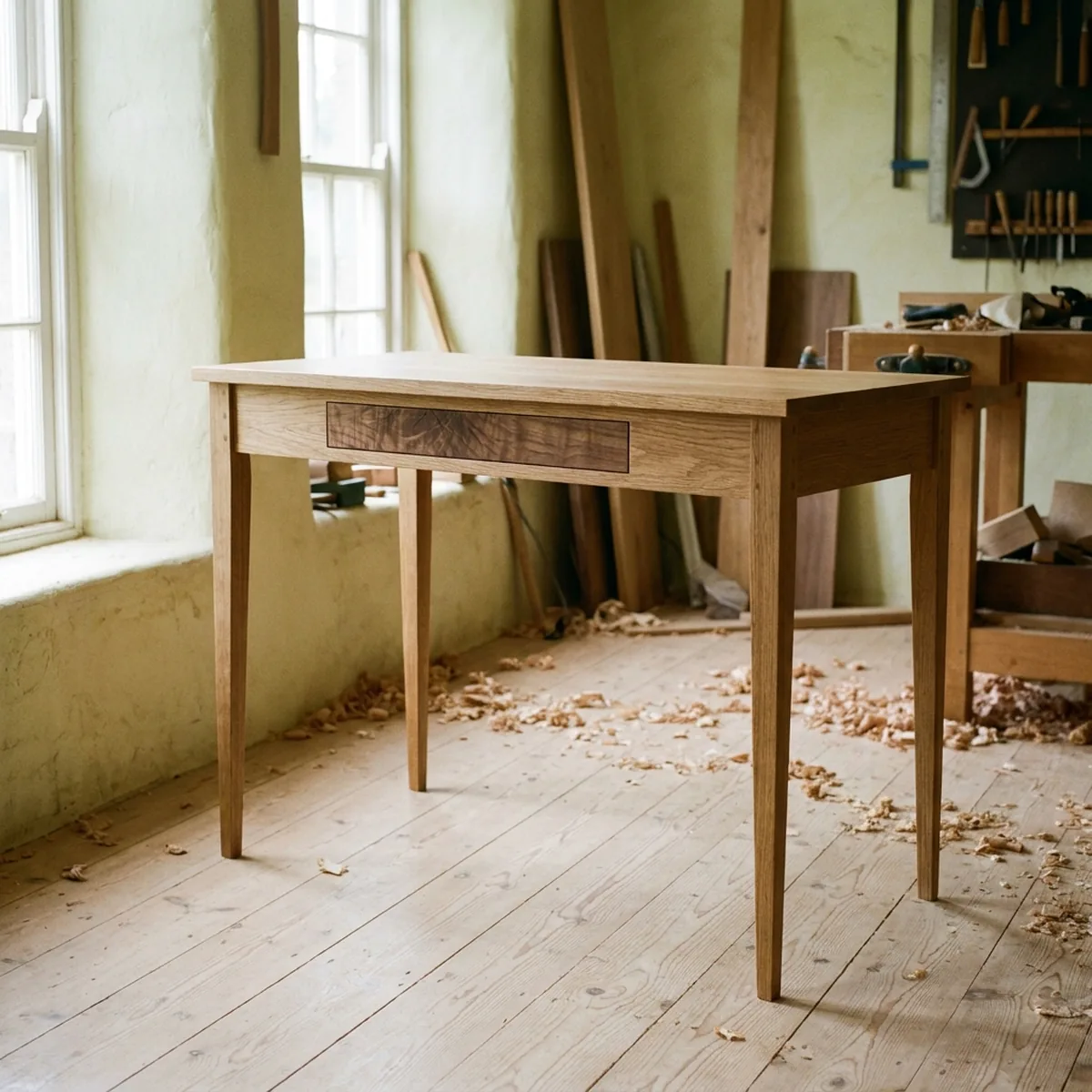 Bureau en chêne clair avec une façade de tiroir en noyer plus sombre, à la lumière d'une fenêtre de l'atelier.