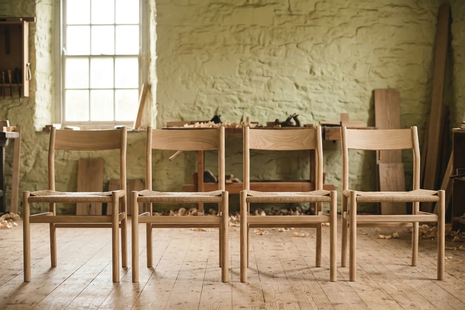 Quatre chaises en frêne clair à assise en corde tressée, alignées devant un mur chaulé de l'atelier.