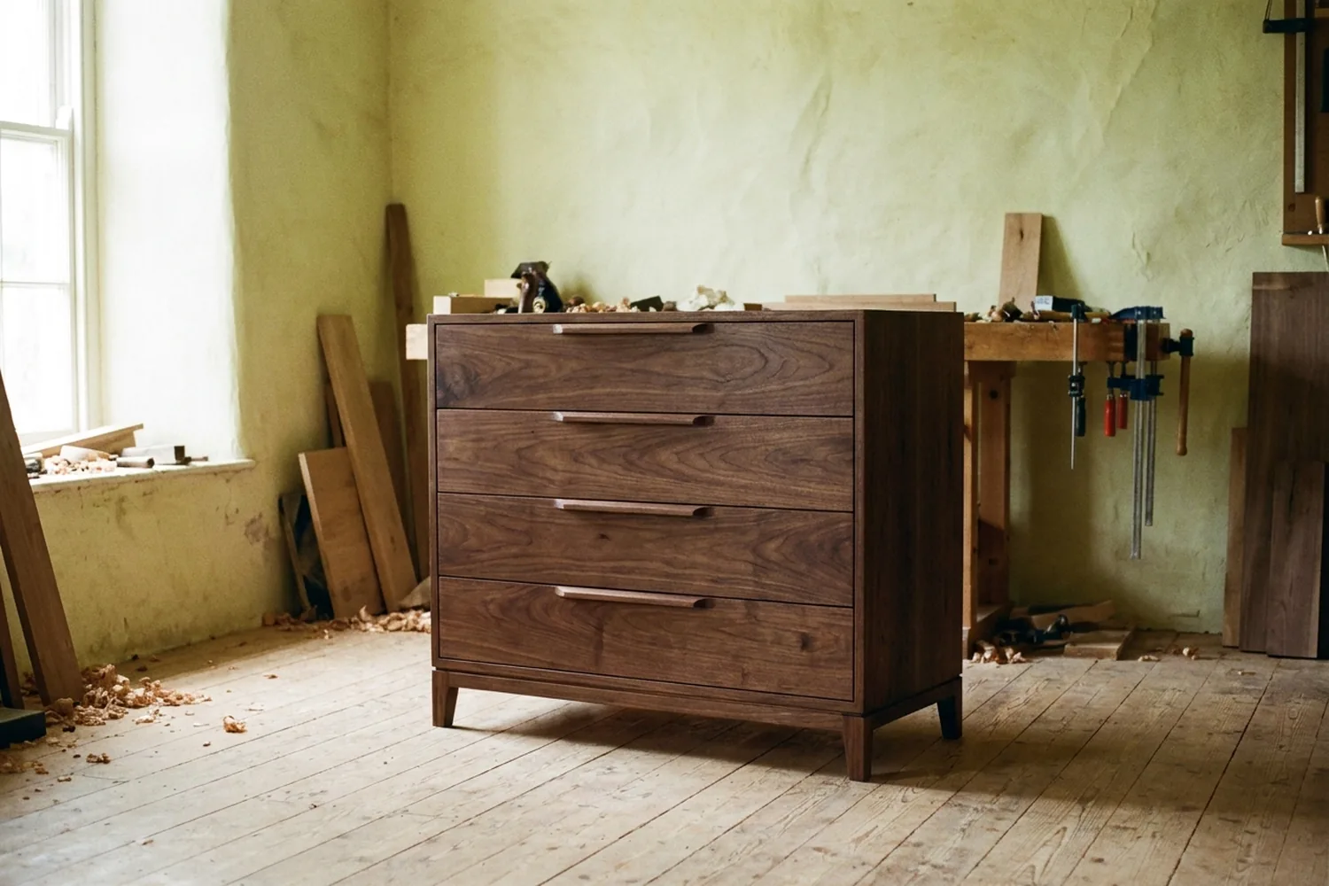 Commode basse en noyer huilé à quatre tiroirs, façades sombres et lisses, devant un mur chaulé clair.