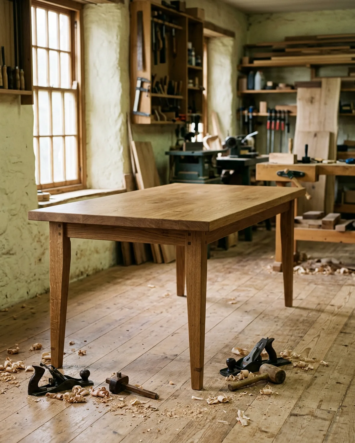 Table de salle à manger en chêne massif, plateau épais et piètement droit, posée sur le plancher clair de l'atelier.